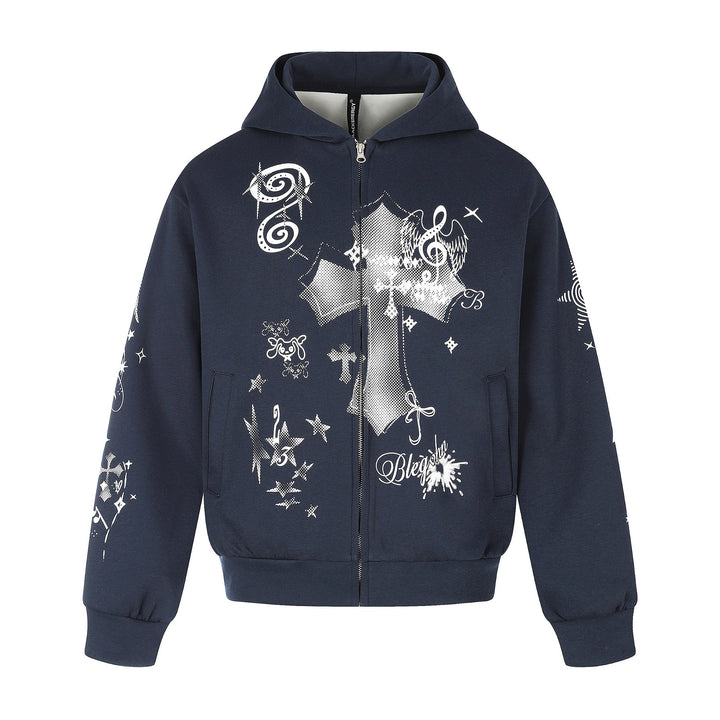 Unisex Bedruckte Kapuzen‑Zipjacke im lässigen Boxy‑Cut mit durchgehendem Reißverschluss Drune