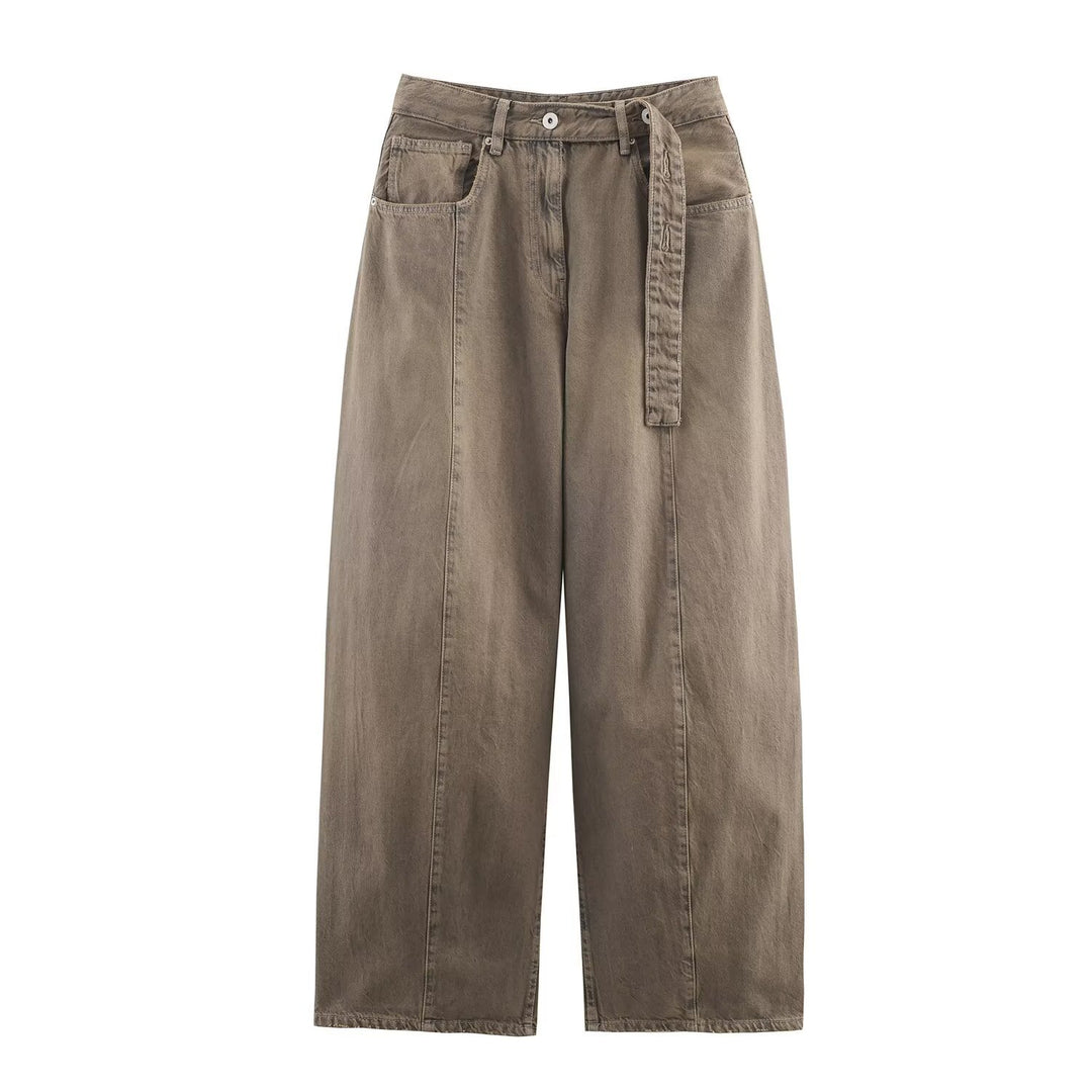 Damen Weite hochtaillierte Culotte-Hose mit Ziernaht, aufgesetzten Taschen und Bindegürtel Drune