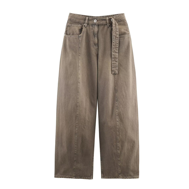 Damen Weite hochtaillierte Culotte-Hose mit Ziernaht, aufgesetzten Taschen und Bindegürtel Drune