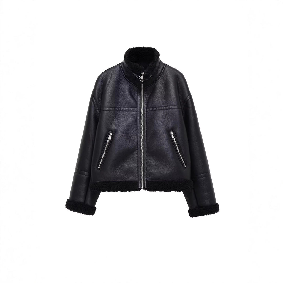 Damen Oversize-Fliegerjacke aus Kunstleder mit Teddyfutter und Stehkragen Drune