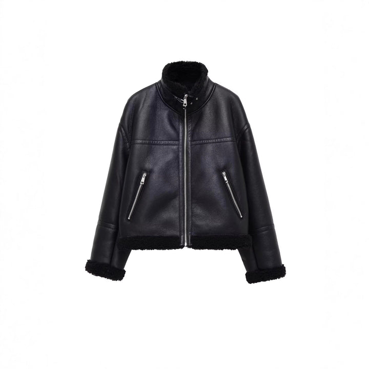 Damen Oversize-Fliegerjacke aus Kunstleder mit Teddyfutter und Stehkragen Drune