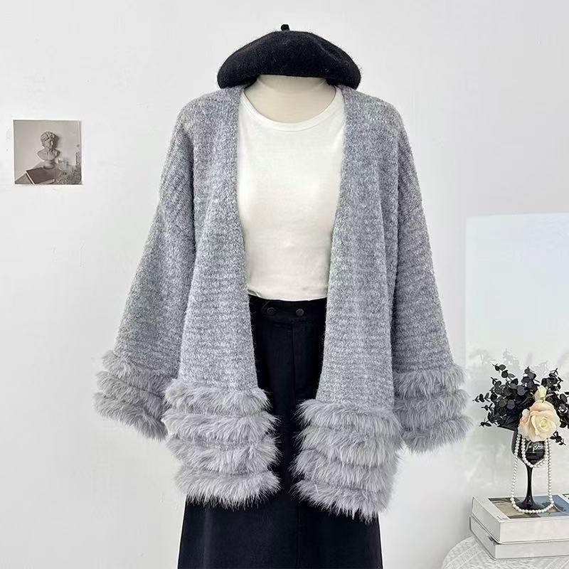 Damen Flauschiger Cardigan mit Kunstfellkragen Drune