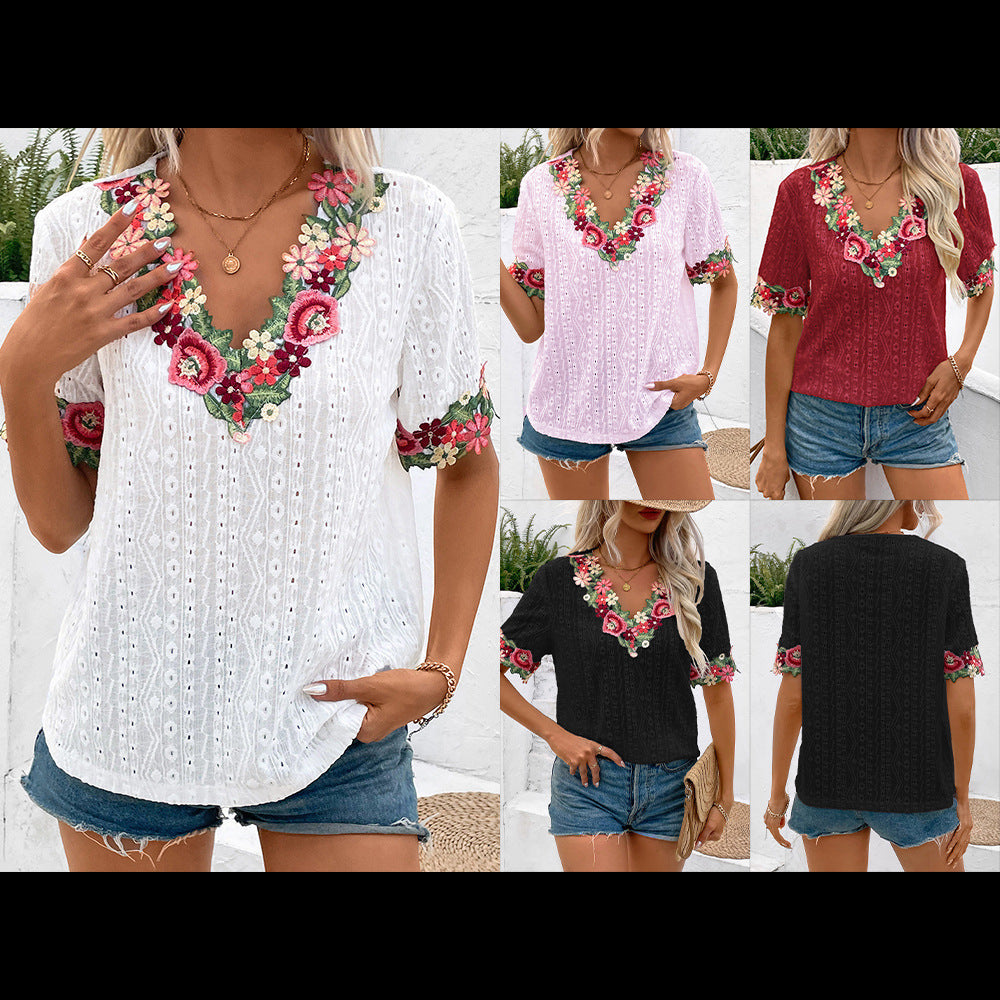 Damen Bluse mit floralen Stickereien und luftigen Ärmeln Drune