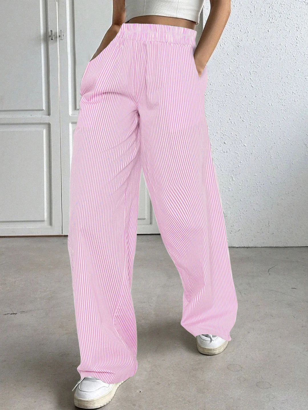 Frauen weite hochtaillierte Lounge-Hosen mit elastischem Bund und seitlichen Taschen Drune