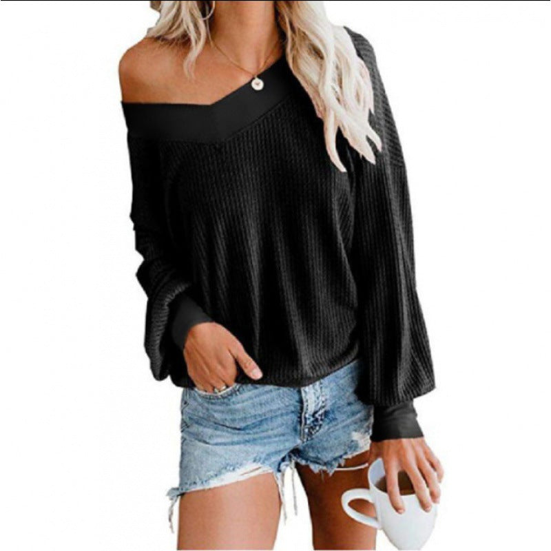 Damen Lockerer Waffelstrick-Pullover mit weitem Off-Shoulder-Ausschnitt und Oversize-Schnitt Drune