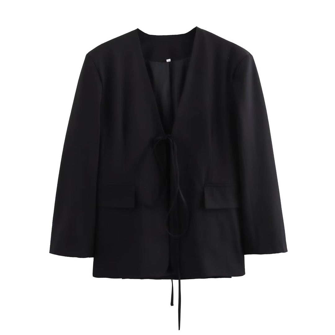 Damen nan kastenförmiger Blazer mit tiefem V-Ausschnitt, Bindebandverschluss und Pattentaschen Drune