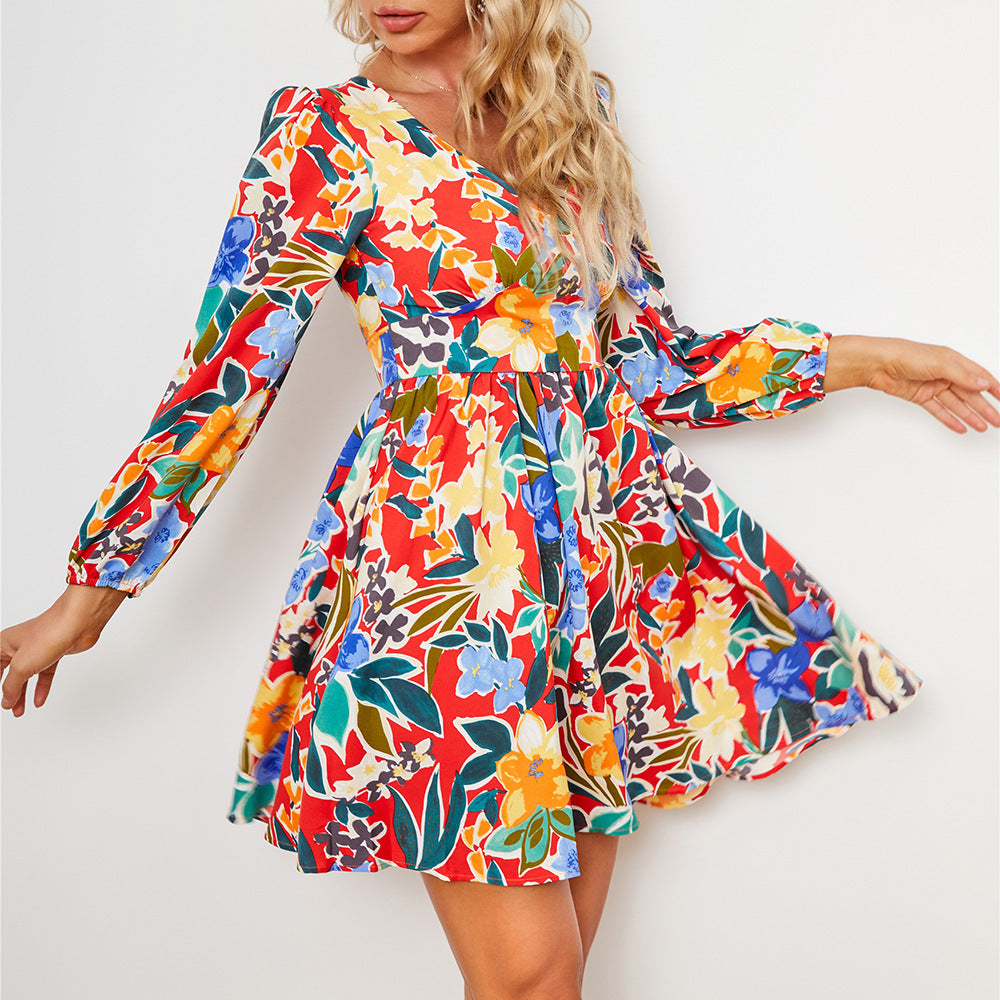 Damen Minikleid mit schmalem V-Ausschnitt und langen Puffärmeln Drune