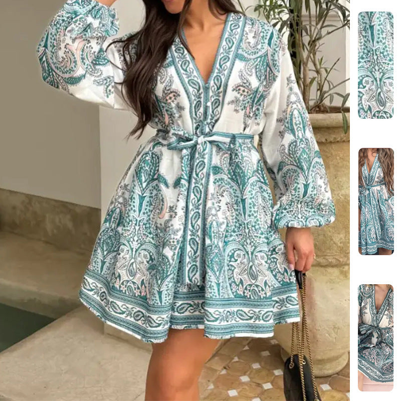 Damen Smaragdgrünes Paisley-Muster Wickelkleid mit langen Ärmeln und Taillengürtel Drune