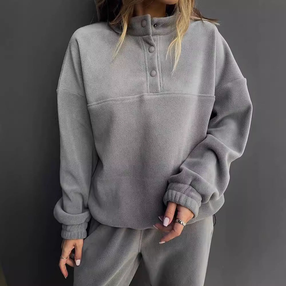 Damen Oversize-Fleece-Set mit Henley-Kragen und weicher Jogginghose Drune