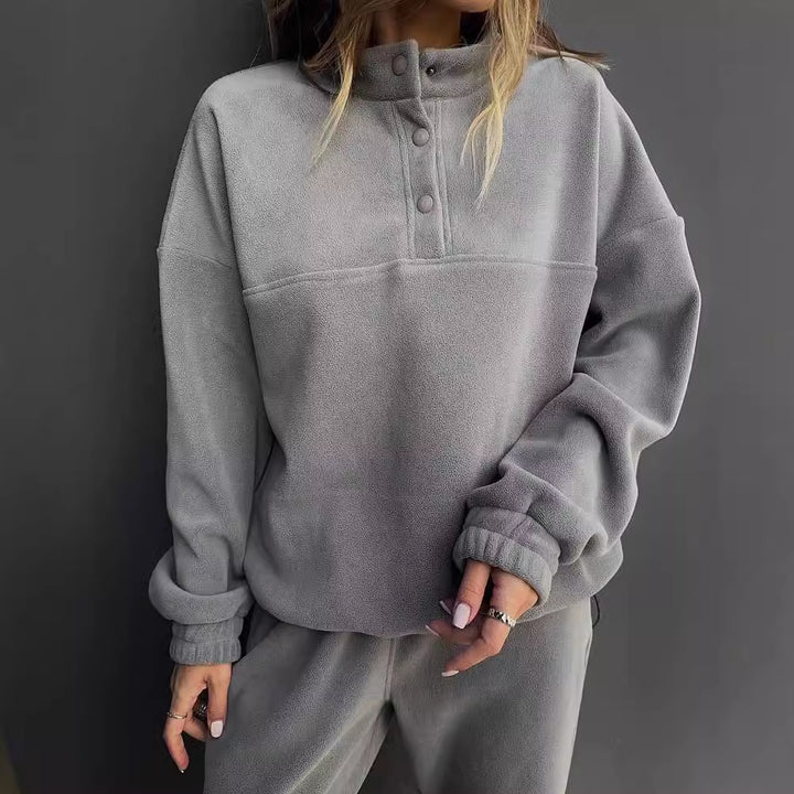 Damen Oversize-Fleece-Set mit Henley-Kragen und weicher Jogginghose Drune