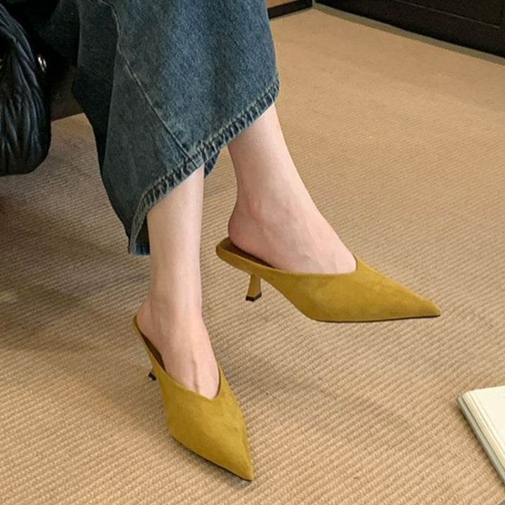 Damen Spitz zulaufende Schlupf‑Mules mit sculpted Kittenabsatz Drune