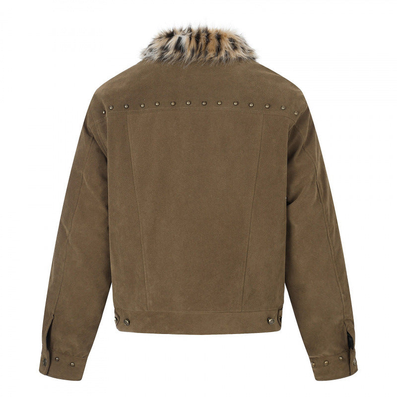 Herren Kurzjacke aus Velourslederimitat mit Kunstfellkragen und Nieten-Details Drune