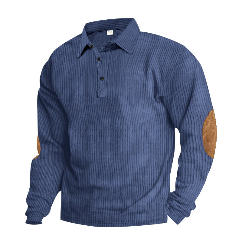 Herren nan schwerer gerippter Baumwoll-Polo-Pullover mit Kentkragen dreifach-Knopfleiste und Wildleder-Ellenbogenpatches Drune