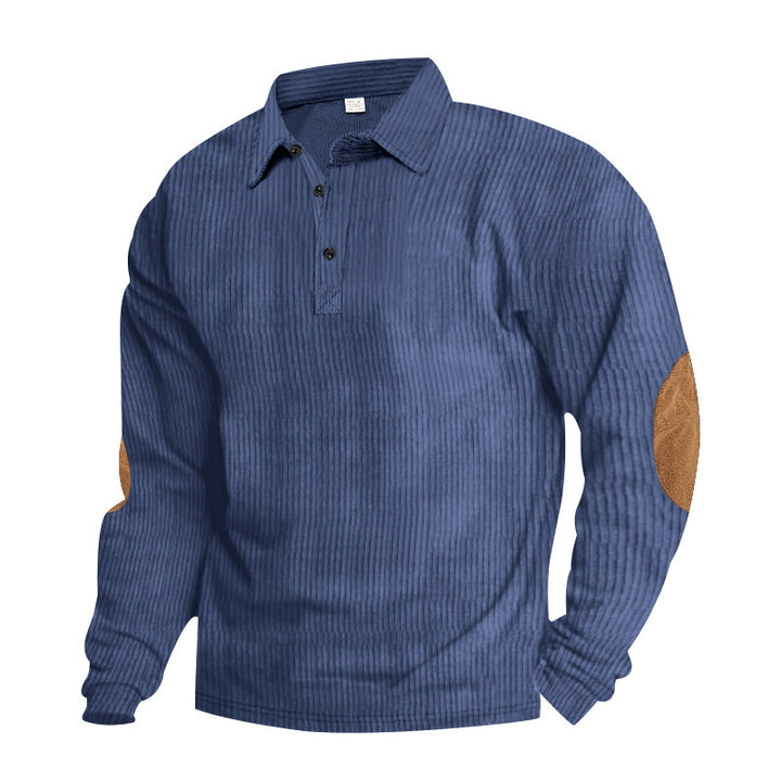 Herren nan schwerer gerippter Baumwoll-Polo-Pullover mit Kentkragen dreifach-Knopfleiste und Wildleder-Ellenbogenpatches Drune