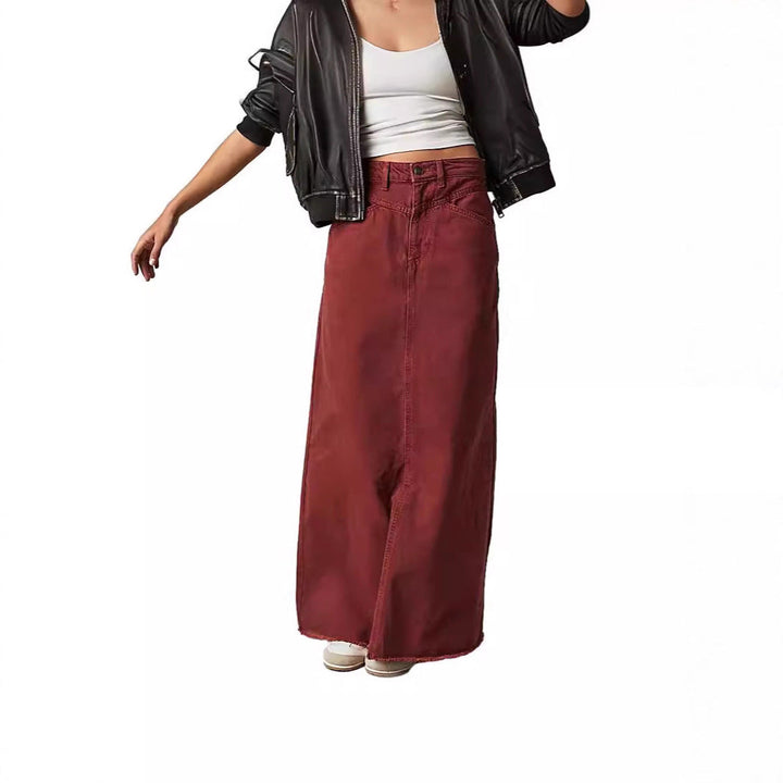 Damen Langer Denim-Rock mit hoher Taille und Taschen