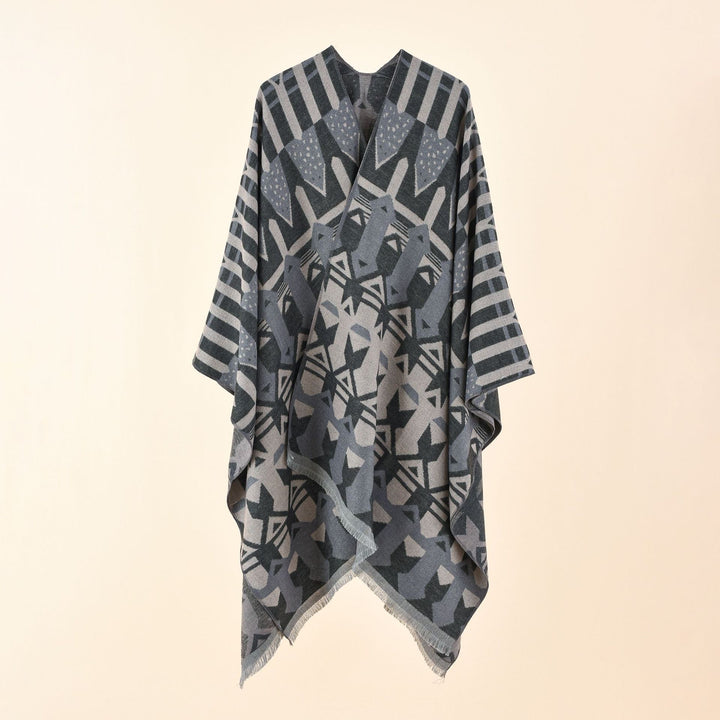 Damen Strick-Überwurfcape im Ruana-Stil mit grafischem Jacquard und Fransensaum Drune
