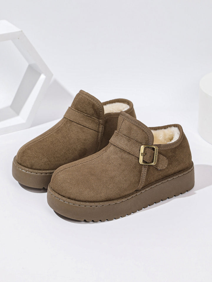 Damen Gefütterte Kurzschaft-Stiefel in Wildleder-Optik mit Plateau und Schnallenriemen Drune