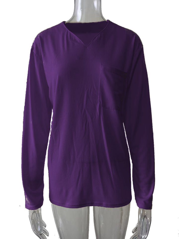 Damen nan legeres Langarmshirt mit V-Notch-Ausschnitt, Brusttasche und lockerer Oversize-Passform Drune
