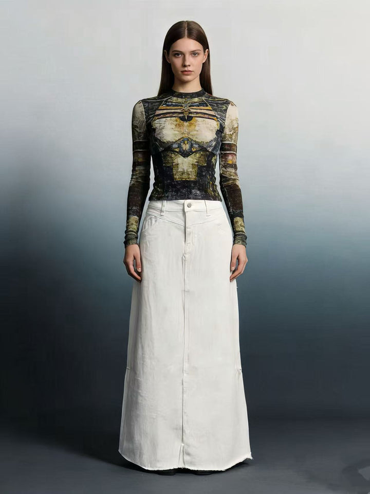 Damen nan langer High-Waist Denim-Maxirock mit gerader Silhouette und rohem Saum Drune