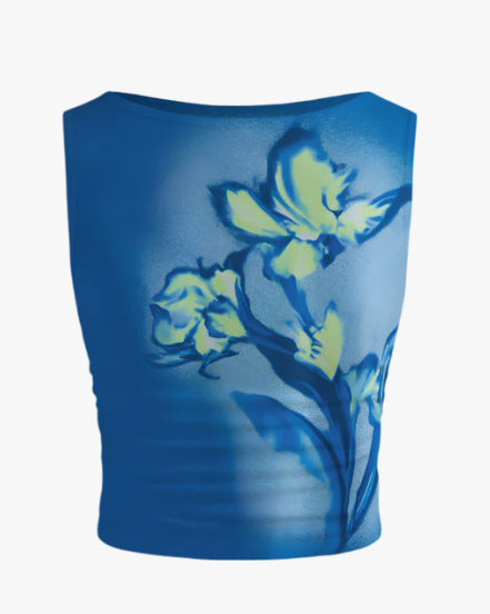 Damen ärmelloses Crop-Top mit floralem Motiv und figurbetontem Schnitt Drune