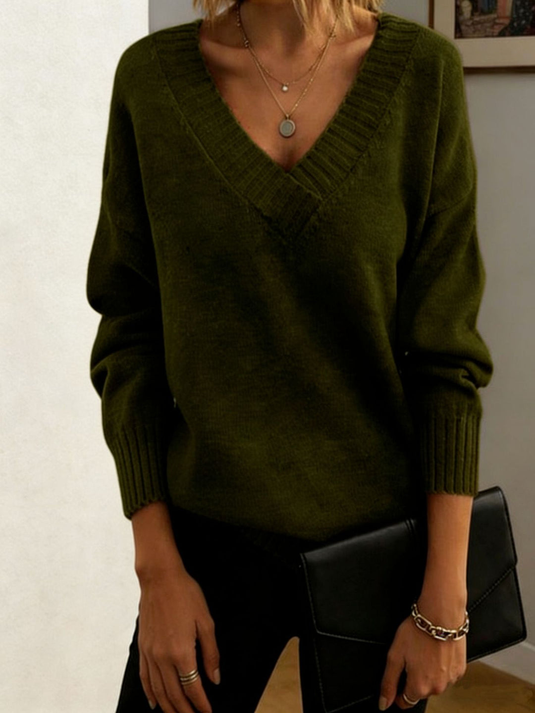 Damen Feinstrickpullover mit tiefem V-Ausschnitt und überschnittener Schulter Drune