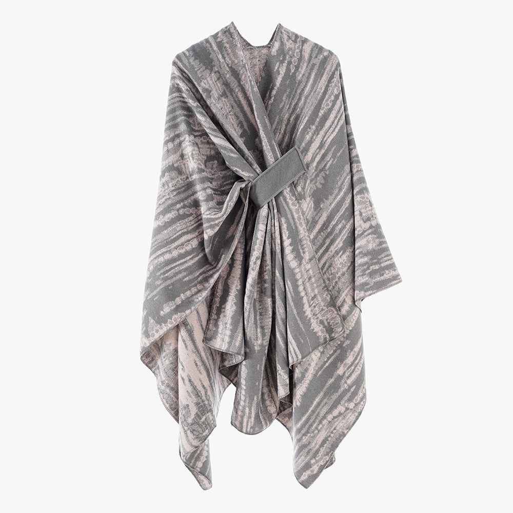 Damen Jacquard-Cape-Überwurf mit strukturierter Wellenoptik, Bindegürtel und asymmetrischem Zipfelsaum Drune