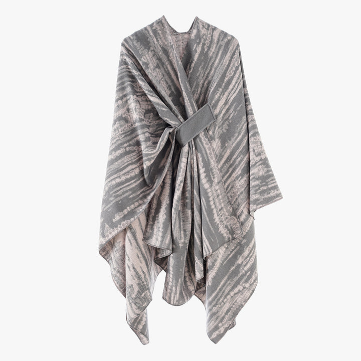 Damen Jacquard-Cape-Überwurf mit strukturierter Wellenoptik, Bindegürtel und asymmetrischem Zipfelsaum Drune
