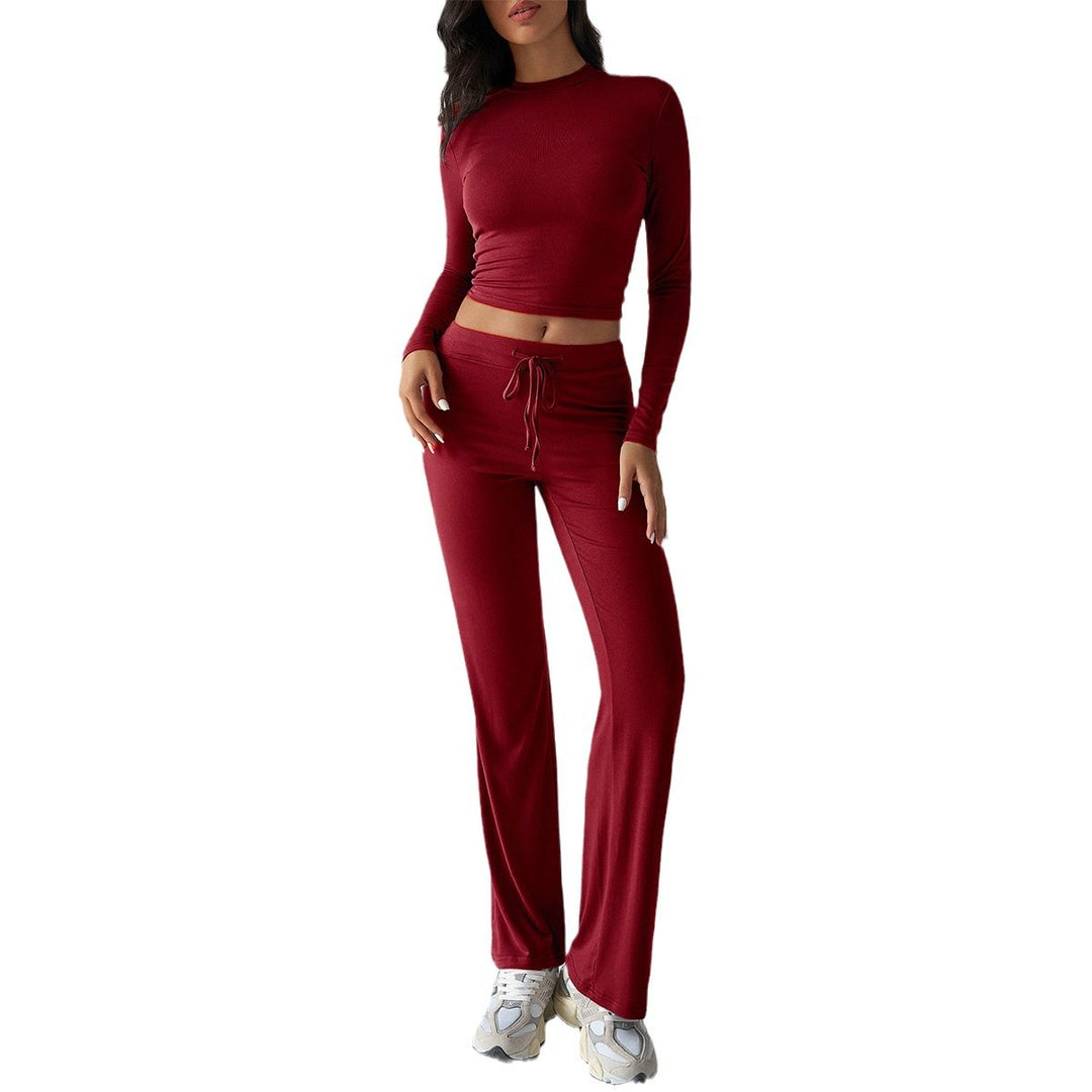 Damen nan tailliertes Longsleeve-Crop-Top und weite Lounge-Hose im Zweiteiler-Set aus Stretchjersey Drune