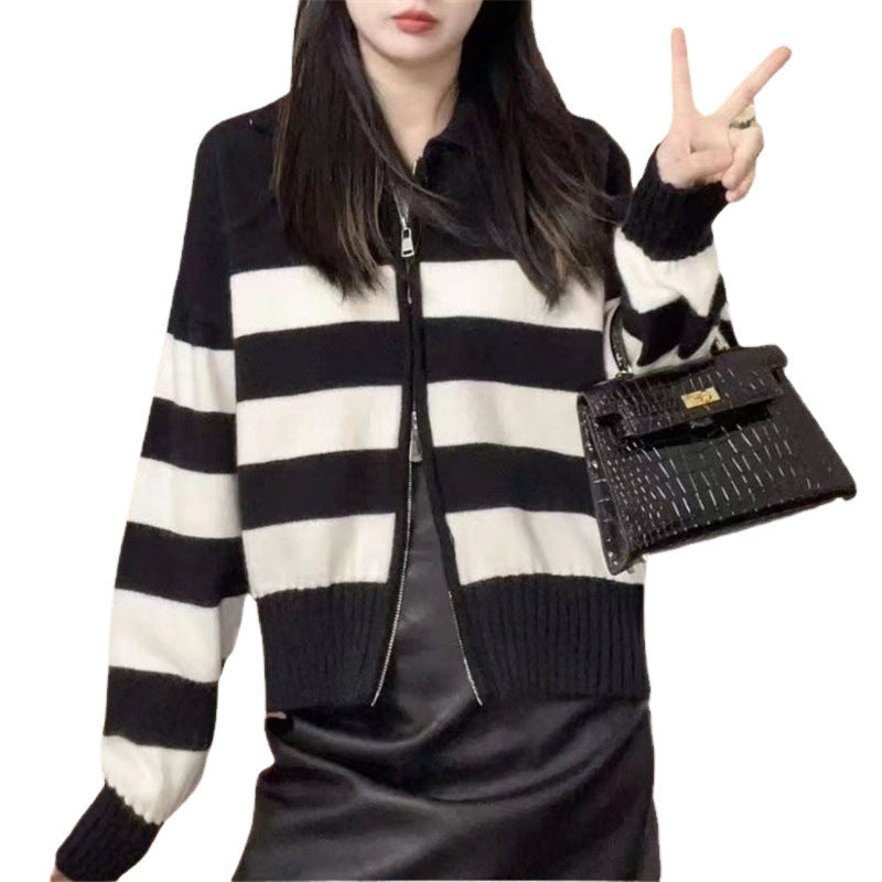 Damen lässige Cardiganjacke mit Reißverschluss und breiten Streifen Drune