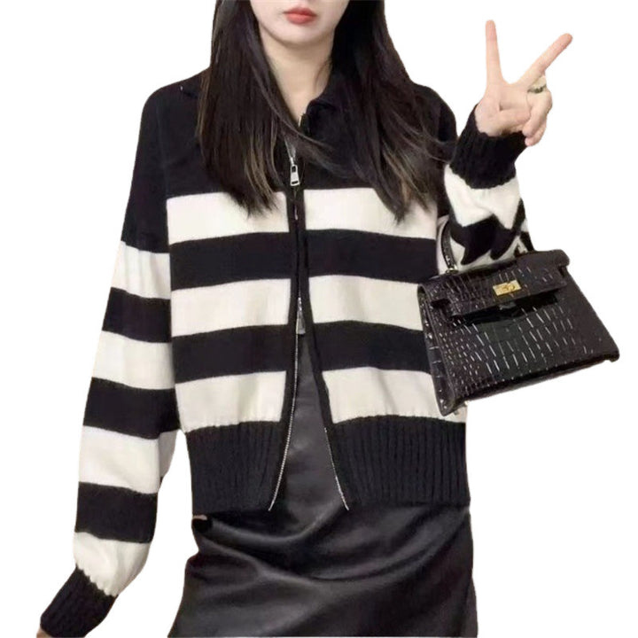 Damen lässige Cardiganjacke mit Reißverschluss und breiten Streifen Drune