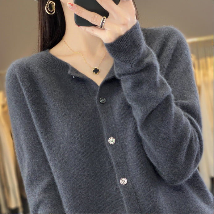Damen Kurzgeschnittener Cardigan in Mohair‑Optik mit Rundhalsausschnitt und Perlmuttknöpfen Drune