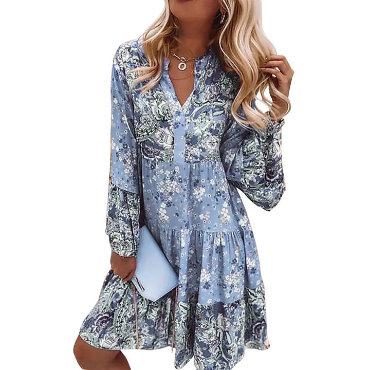 Damen nan leichtes Stufen-Babydollkleid mit V-Ausschnitt und Ballonärmeln Drune