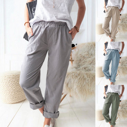 Damen lässige Leinenhose mit elastischem Bund und praktischen Taschen Drune