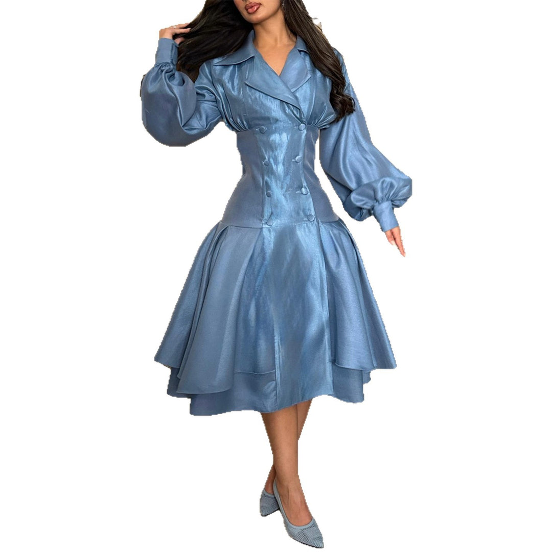 Damen Vintage-inspiriertes A-Linien-Kleid mit eleganten Puffärmeln und Knopfleiste Drune
