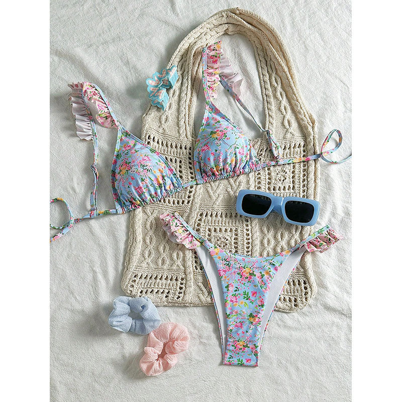 Damen Triangel-Bikini mit floralen Rüschendetails Drune