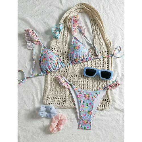 Damen Triangel-Bikini mit floralen Rüschendetails Drune