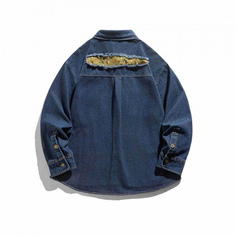 Unisex Kastenförmige Denim-Hemdjacke mit dekorativen Destroy-Applikationen und Oversized-Silhouette Drune
