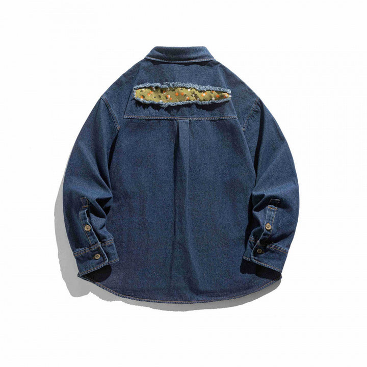 Unisex Kastenförmige Denim-Hemdjacke mit dekorativen Destroy-Applikationen und Oversized-Silhouette Drune