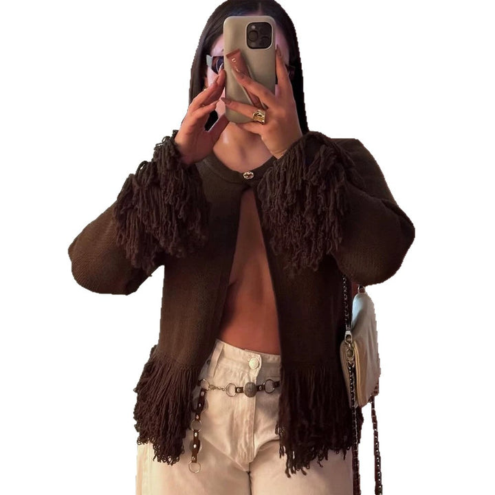 Damen Strickjacke mit Lagenfransen, Perlmuttverschluss und kastiger Silhouette Drune