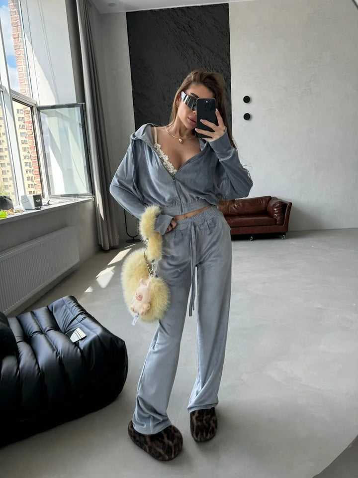 Damen luxuriöser Samt Zweiteiler Jogginganzug mit Cropped Reißverschluss und weiten Hosen Drune