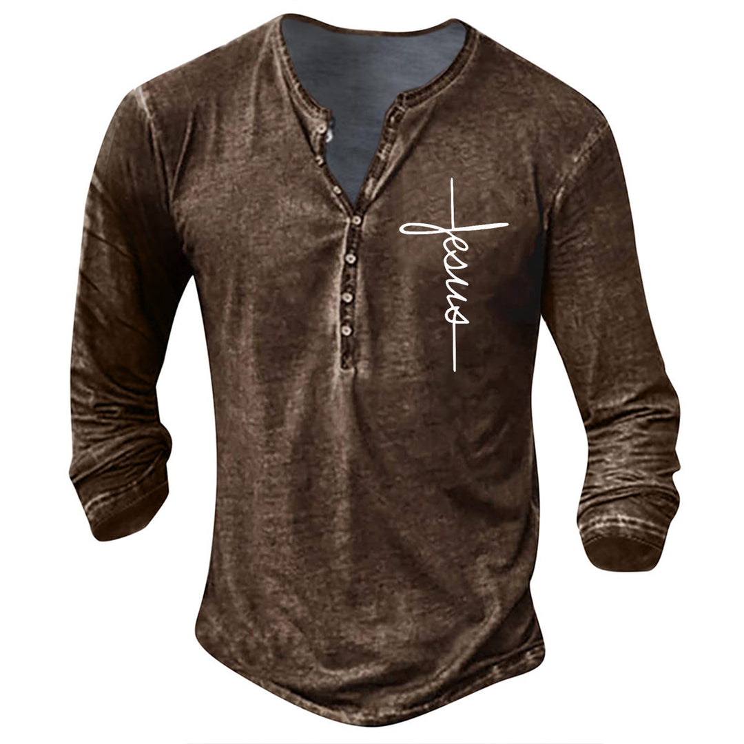 Herren Langarm Henley-Shirt mit kreativem Grafikdruck Drune