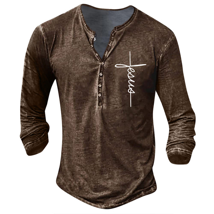 Herren Langarm Henley-Shirt mit kreativem Grafikdruck Drune