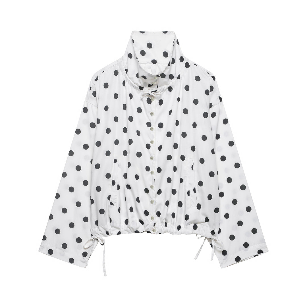 Damen Leichte Bluse im Polka‑Dot‑Design mit Stehkragen, Tunnelzugsaum und Knopfleiste Drune