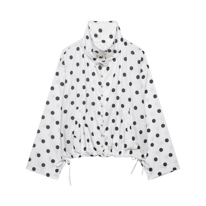 Damen Leichte Bluse im Polka‑Dot‑Design mit Stehkragen, Tunnelzugsaum und Knopfleiste Drune