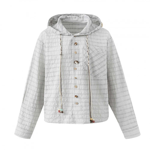 Damen Leichte Kapuzen-Blousonjacke aus strukturierter Baumwollmischung mit Knopfleiste und Zierkordel Drune