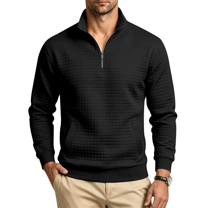 Herren Strukturiertes Stehkragen-Halbzip-Sweatshirt mit Karomuster und Kängurutasche Drune