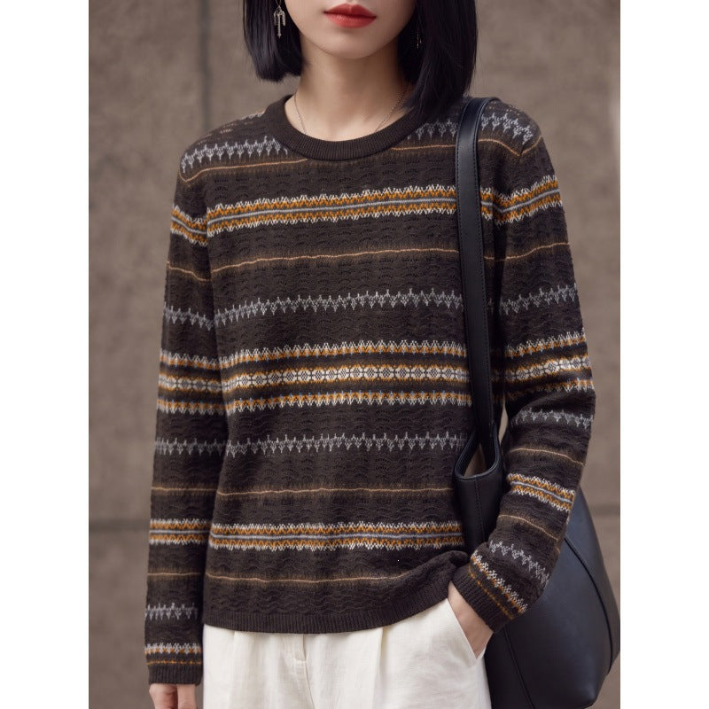 Damen Leichter Rundhals-Pullover im Norwegerstreifen-Design mit strukturierter Ajouroptik Drune