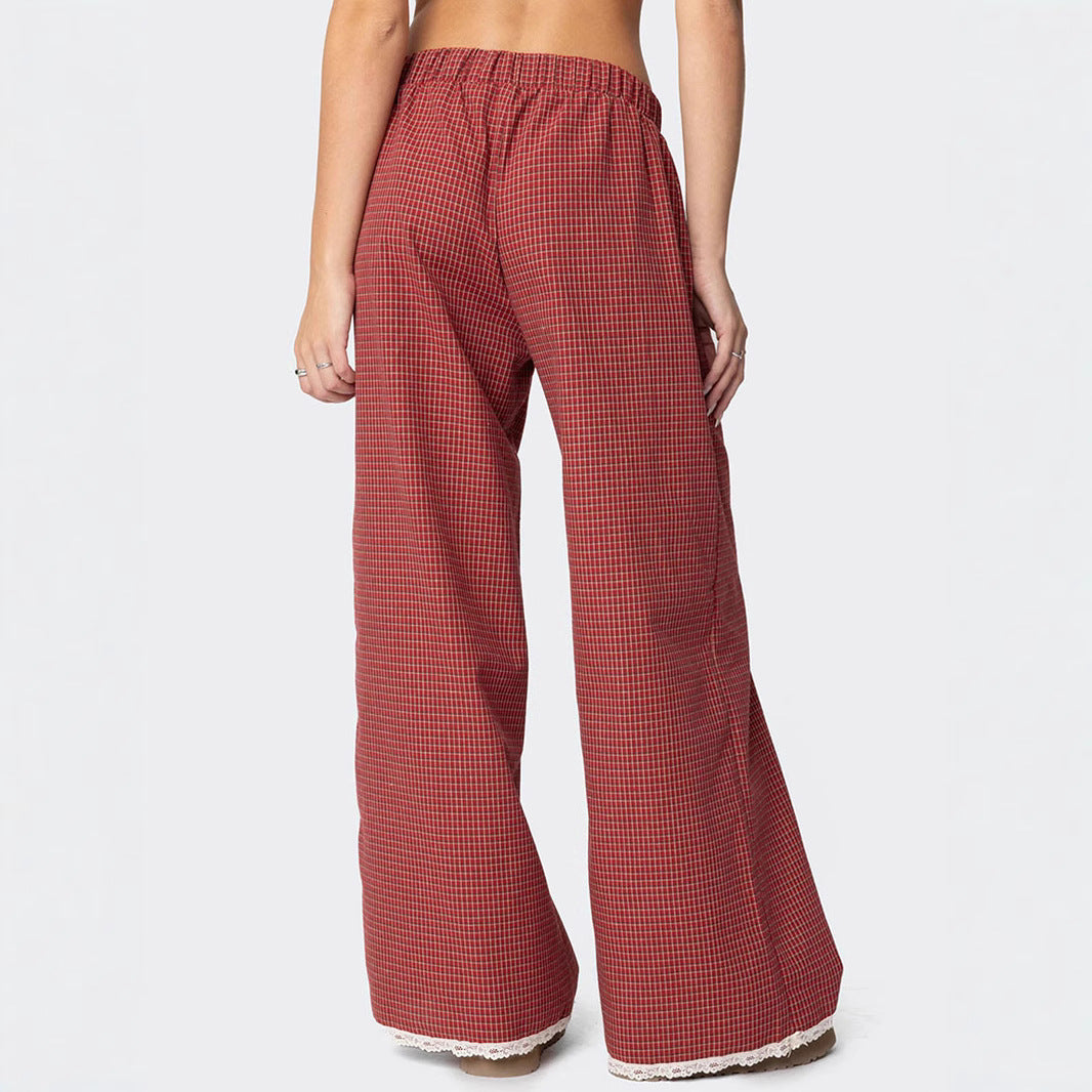Damen Weit geschnittene Karohose mit Spitzendetails Drune