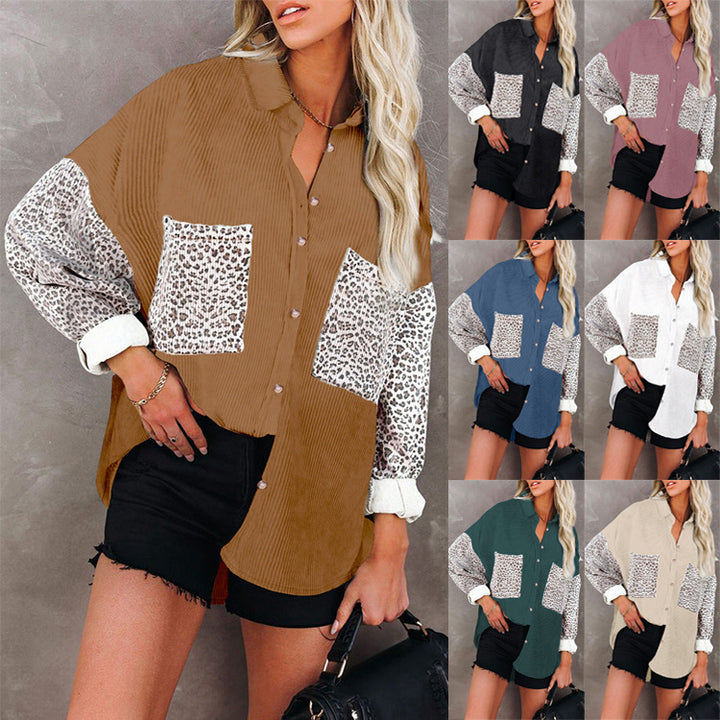 Damen Oversize-Cordhemd mit durchgehender Knopfleiste, Leo-Kontrastärmeln und aufgesetzten Taschen Drune