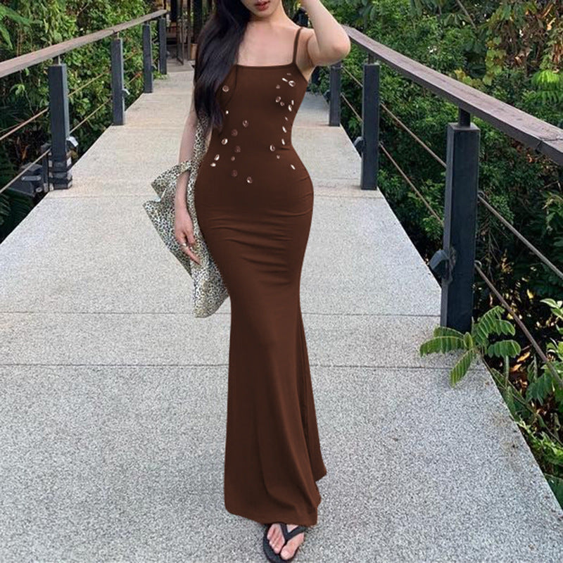 Damen figurbetontes Maxikleid mit schickem Spaghettiträger-Design und elegantem Glitzerakzent Drune